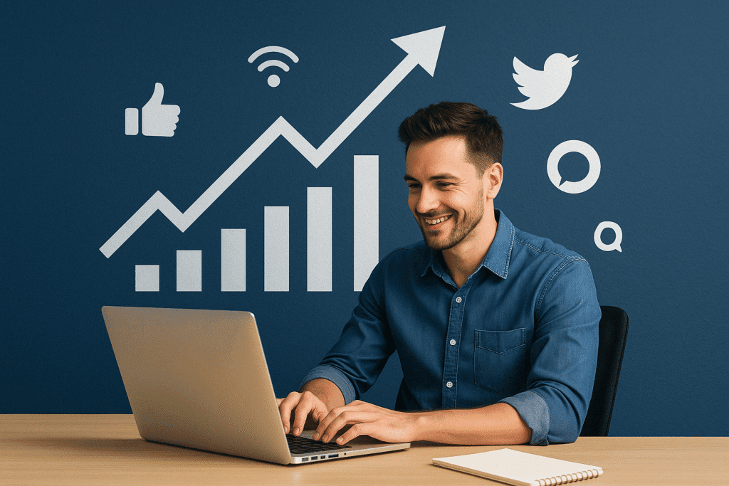 Homem criando estratégias digitais e superando mitos sobre negócios online