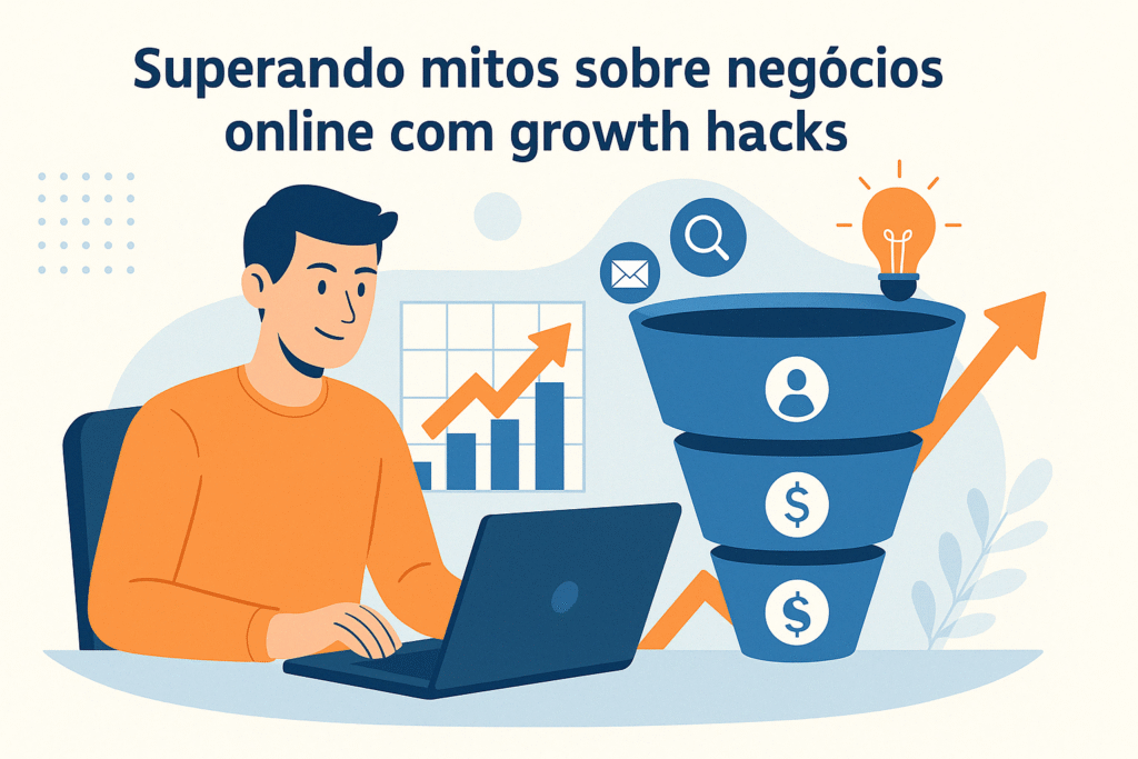 Empreendedor usando growth hacks em negócios online com funil de vendas e gráfico de crescimento