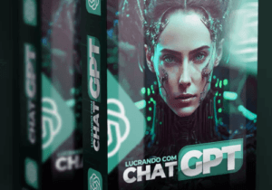 Capa de um curso ou material intitulado "Lucrando com ChatGPT", com uma imagem futurista de uma mulher estilizada em design tecnológico.