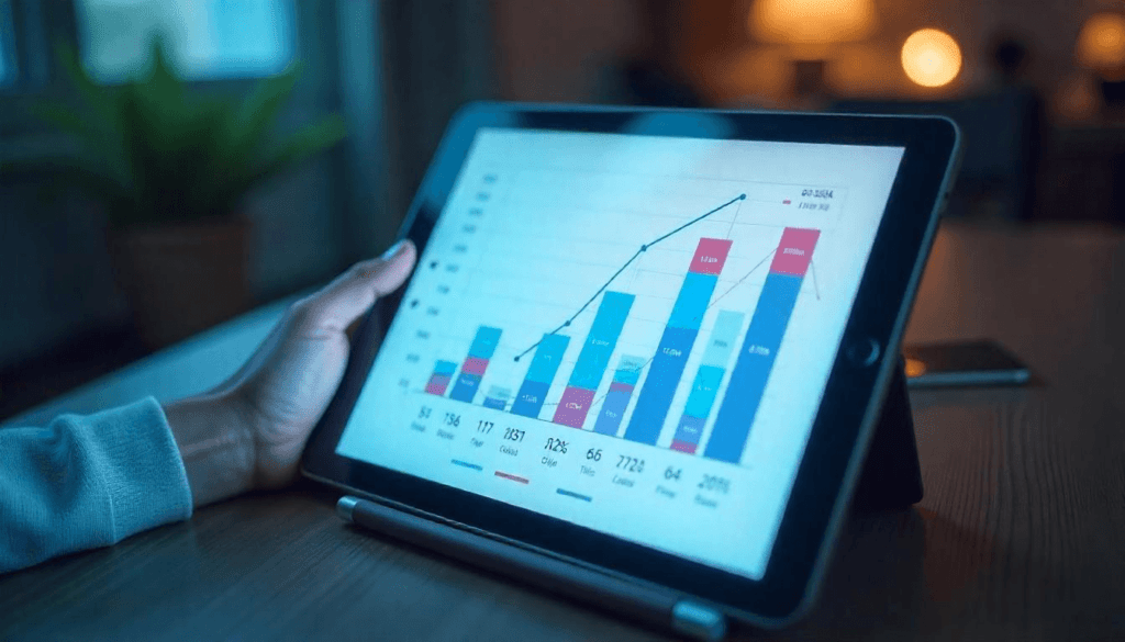 Pessoa segurando um tablet que exibe um gráfico de barras e linhas representando dados de crescimento e métricas de vendas, em um ambiente iluminado de forma suave.