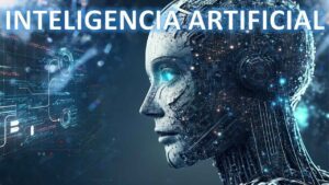  Imagem de um ser humanoide com traços digitais, iluminado por luzes azuis, cercado por gráficos e circuitos, representando a inteligência artificial em um cenário futurista.