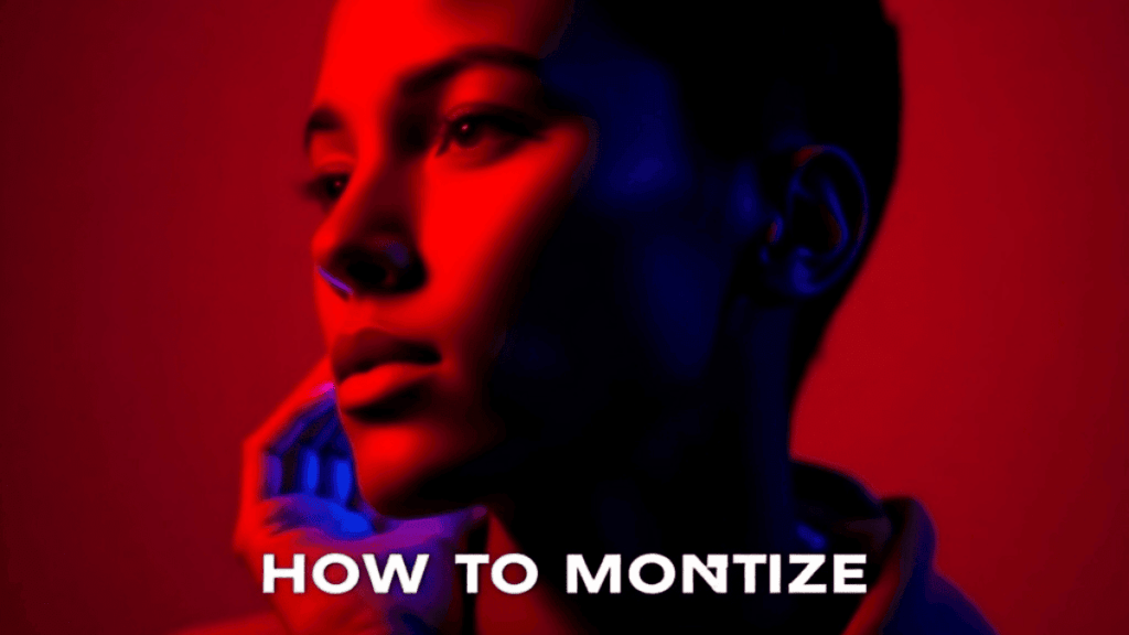 Retrato estilizado de uma pessoa sob iluminação neon vermelha e azul, com um olhar contemplativo. O texto na imagem diz "HOW TO MONETIZE"