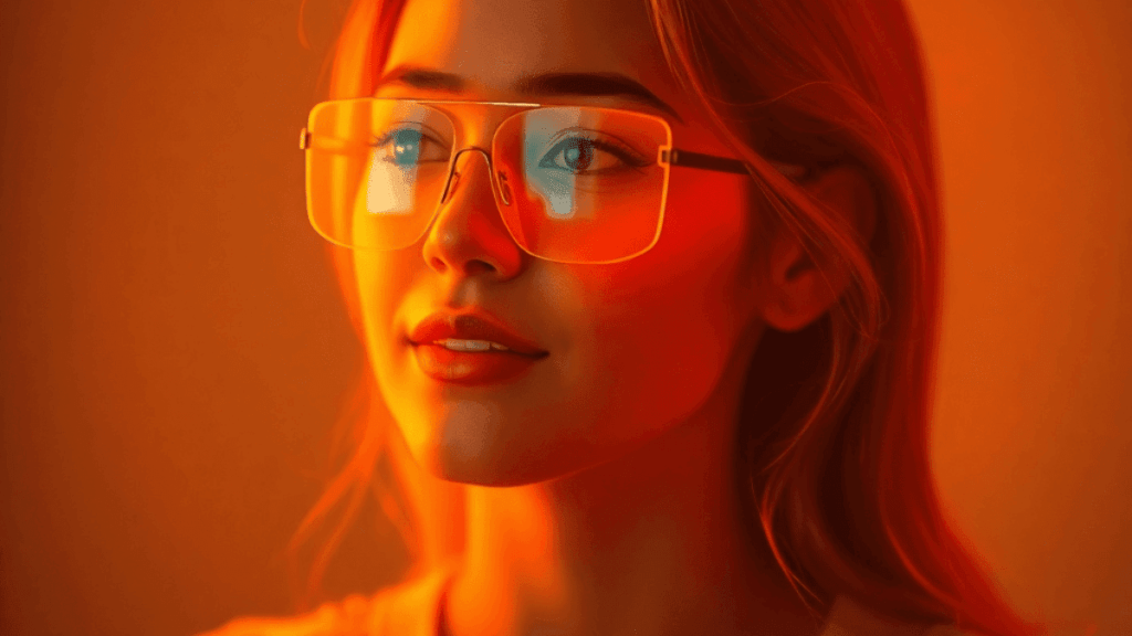 Retrato de uma jovem mulher com óculos de lentes transparentes refletindo a luz dourada, com um olhar confiante e iluminado por tons alaranjados.