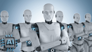 Robôs humanoides brancos em uma formação organizada, representando o avanço da inteligência artificial. No canto inferior esquerdo, um ícone de microchip azul com as letras "AI".