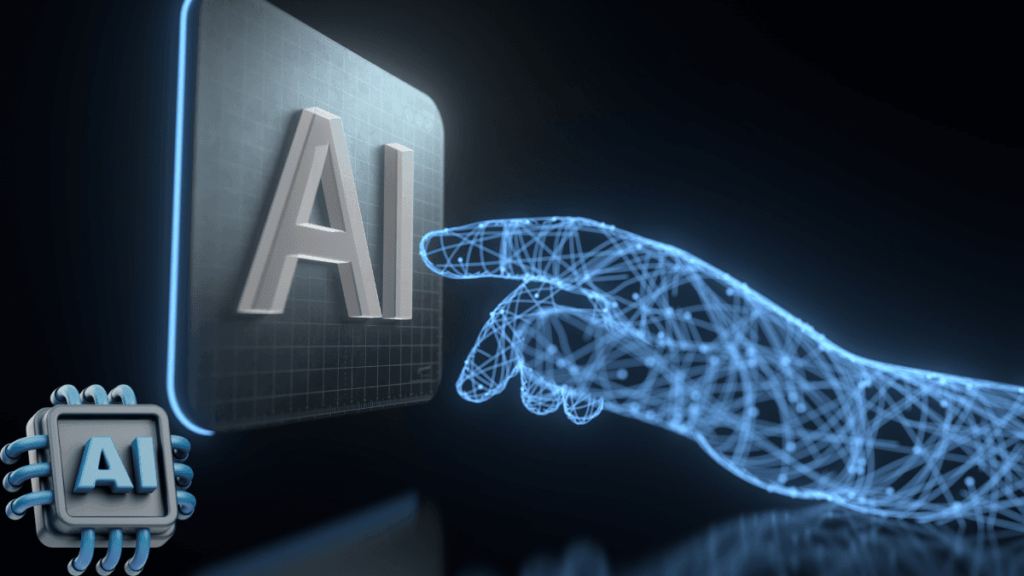 Mão digital feita de linhas brilhantes apontando para um botão com "AI" em destaque, representando a interação entre humanos e inteligência artificial.