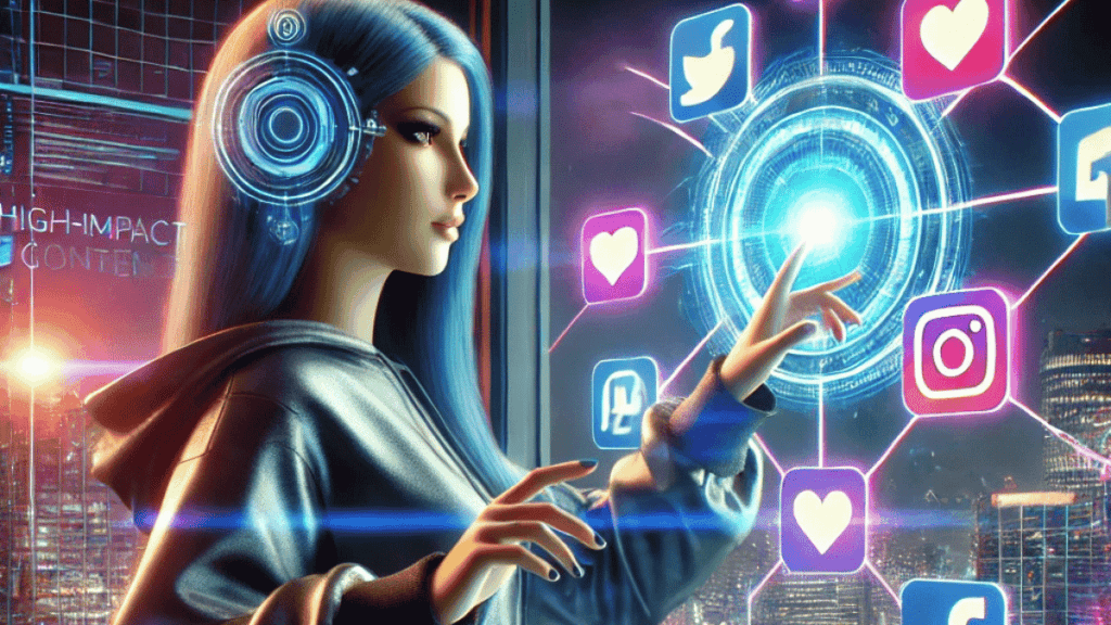 Uma influenciadora digital futurista com cabelos azuis interage com hologramas de redes sociais e inteligência artificial, criando conteúdo de alto impacto.