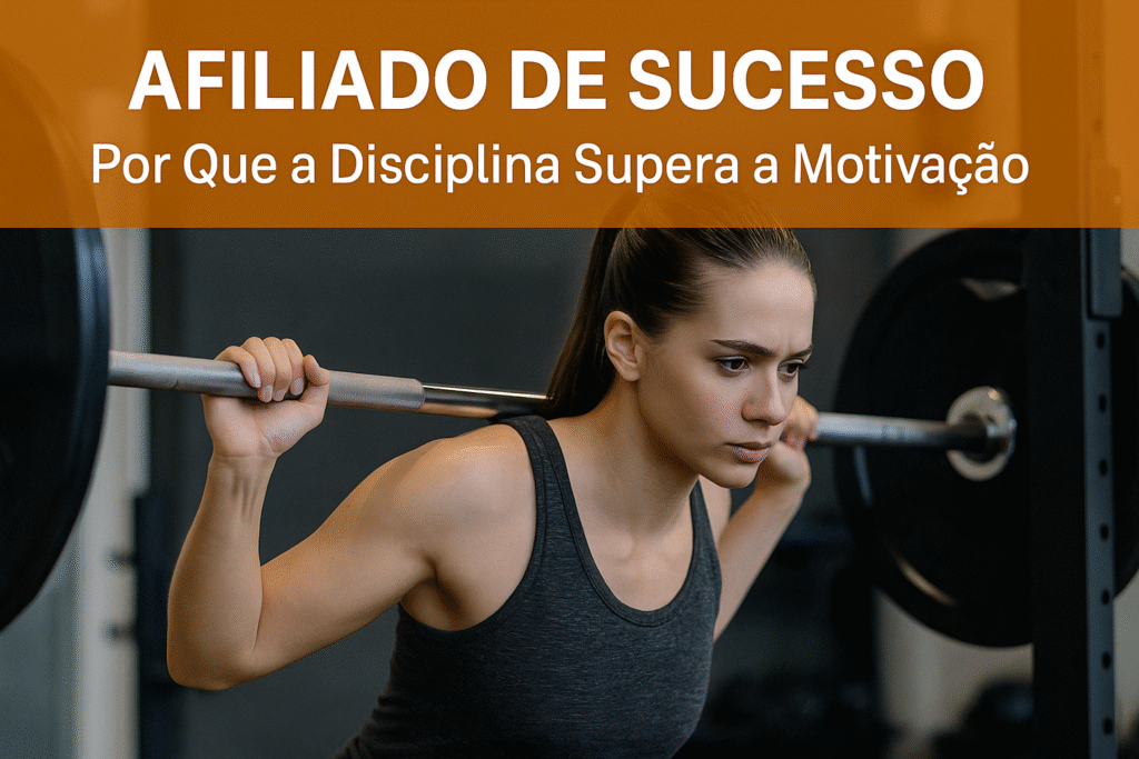 Mulher determinada fazendo agachamento com barra na academia, simbolizando como a disciplina constante é essencial para o sucesso no marketing de afiliados.