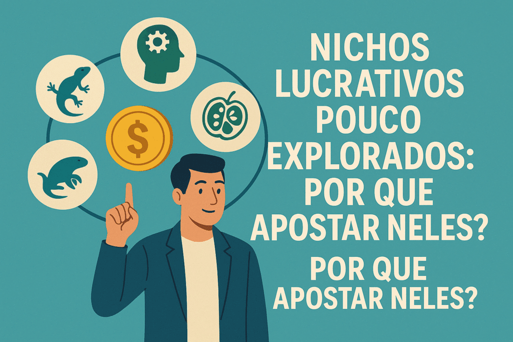 Ilustração de um homem apontando para ícones que representam nichos lucrativos pouco explorados, com uma moeda dourada ao centro e texto em destaque.