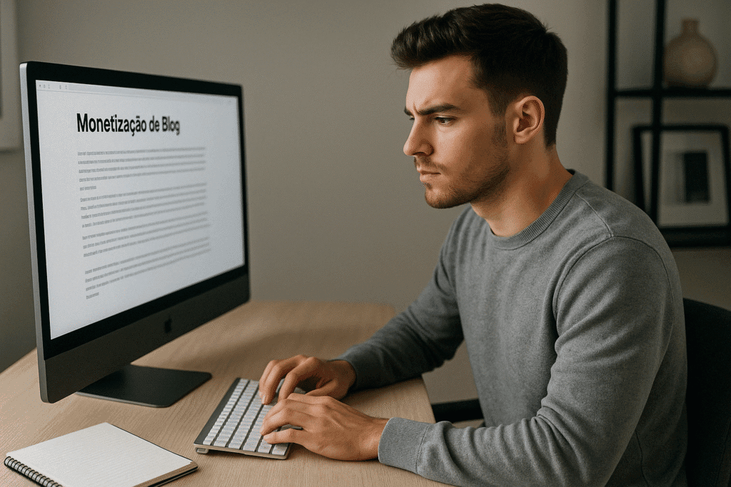 Jovem escrevendo um blog em um PC de última geração com tela ampla e ambiente minimalista.