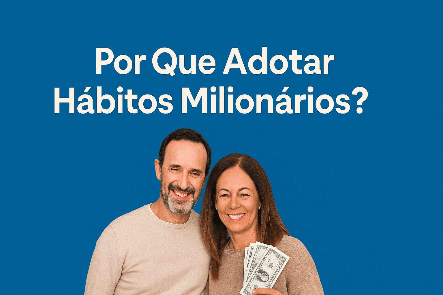 Casal sorridente segurando dinheiro com fundo azul e título "Por Que Adotar Hábitos Milionários?