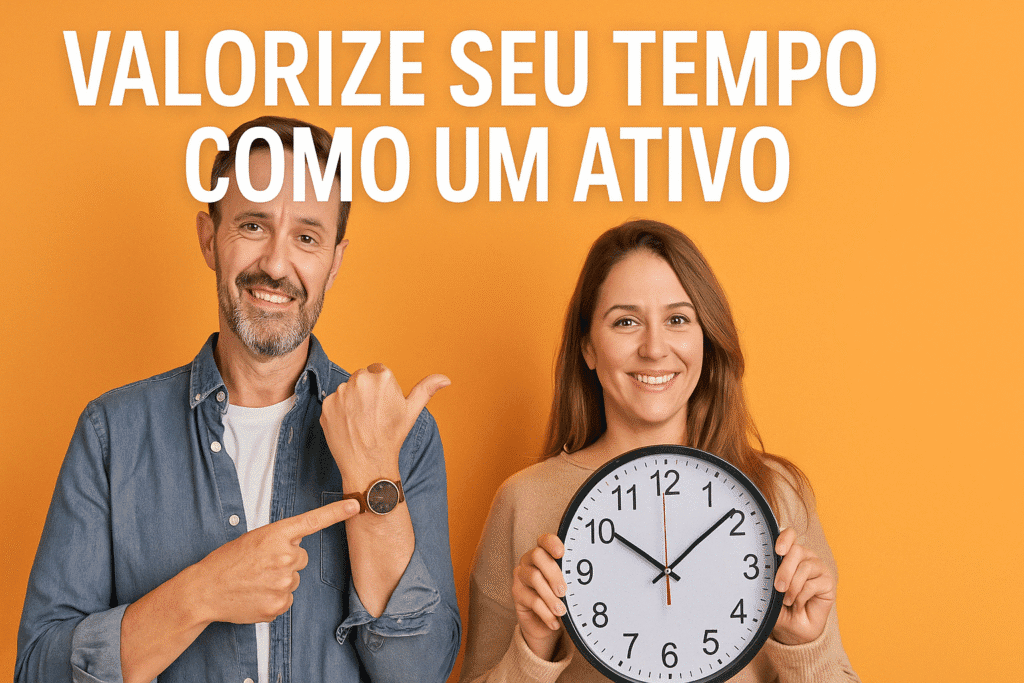 Homem apontando para o relógio e mulher segurando um relógio com fundo laranja e a frase "Valorize Seu Tempo como um Ativo".