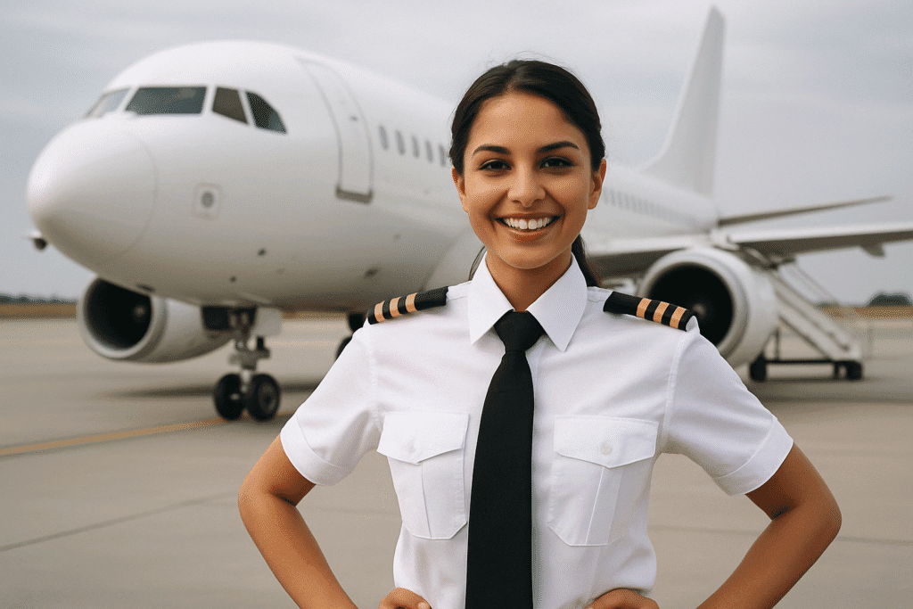 Mulher piloto sorridente em uniforme profissional, posando em frente a um avião branco estacionado em pista de aeroporto.