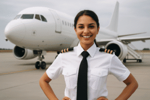 Mulher piloto sorridente em uniforme profissional, posando em frente a um avião branco estacionado em pista de aeroporto.