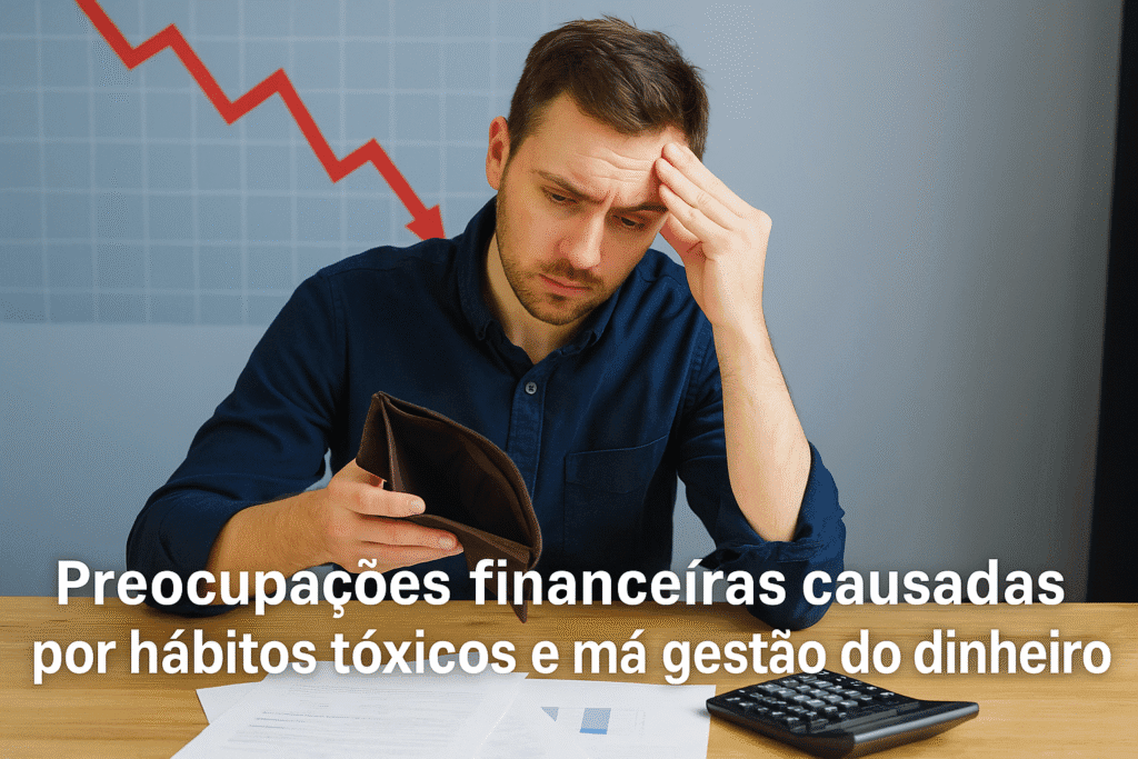 Homem segurando carteira vazia com expressão preocupada diante de papéis financeiros e gráfico de queda