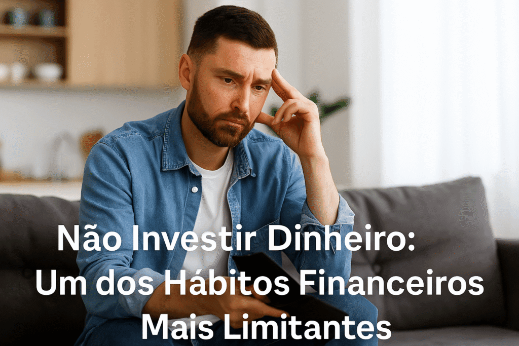 Homem preocupado sentado no sofá, segurando uma carteira vazia e refletindo sobre finanças pessoais