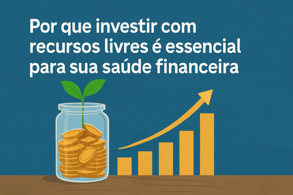 Pote de vidro cheio de moedas com uma planta crescendo e gráfico de barras douradas ascendentes, simbolizando o crescimento financeiro por meio de investimentos.