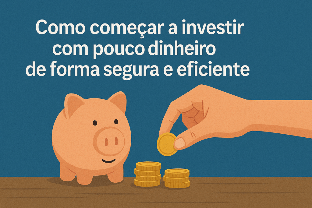 Imagem de um cofrinho sorridente ao lado de uma mão empilhando moedas douradas, representando o início de investimentos com pouco dinheiro.