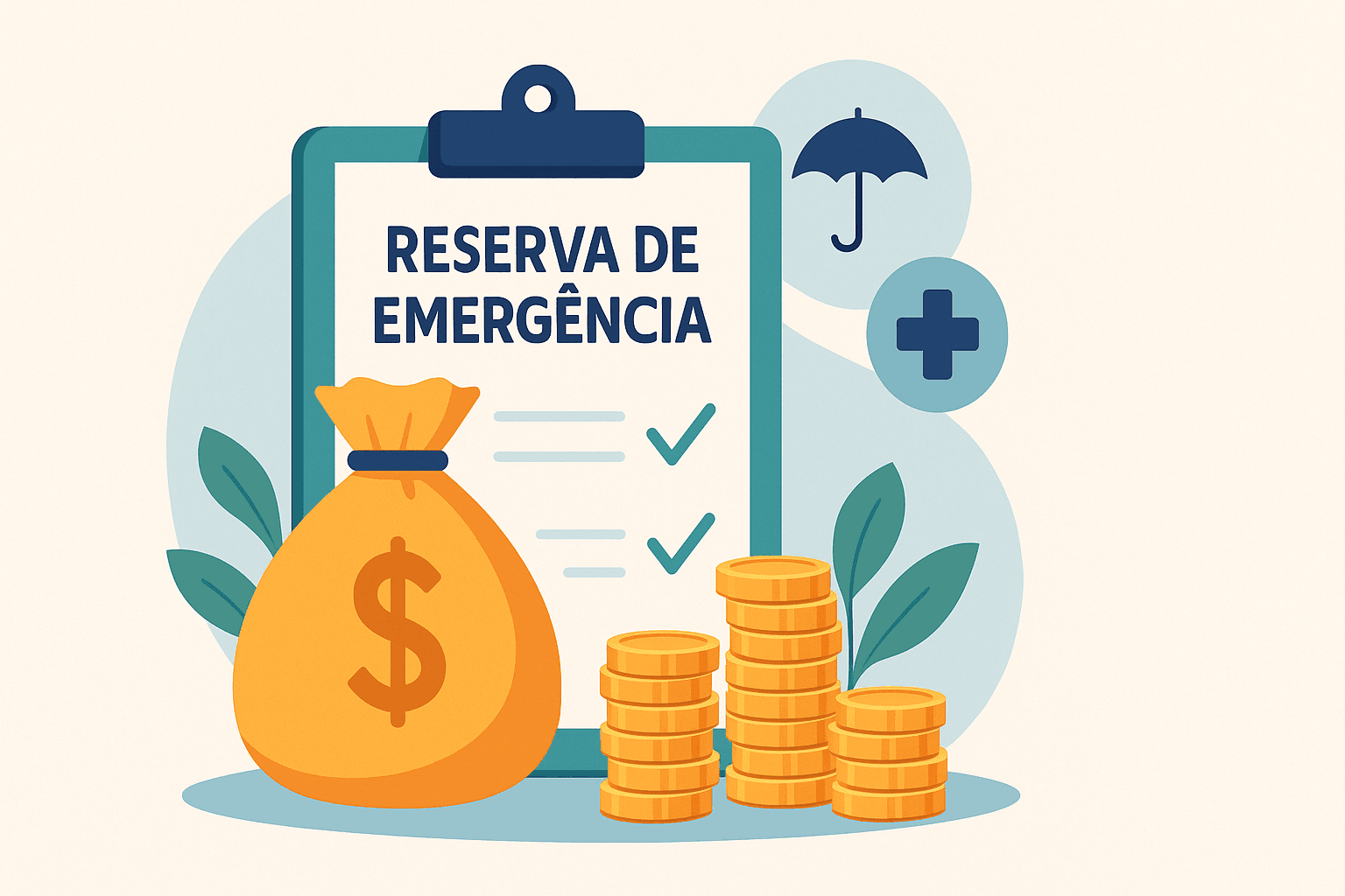 Imagem ilustrativa de um saco de dinheiro e moedas ao lado de uma prancheta escrita 'Reserva de Emergência', simbolizando segurança financeira.