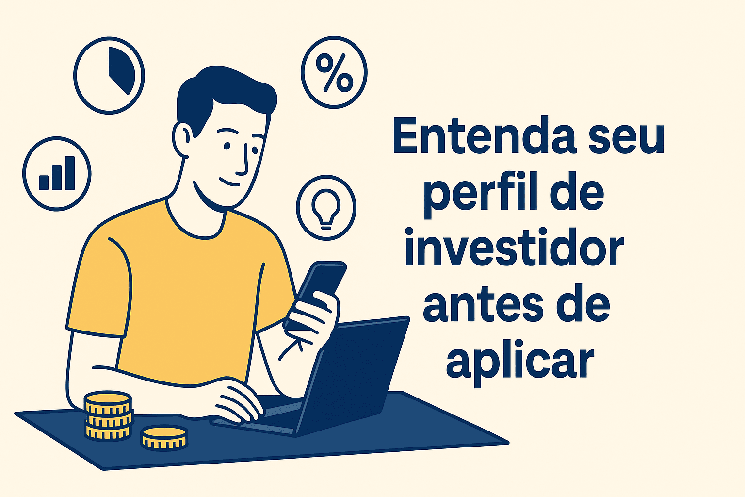 Homem jovem analisando opções de investimento pelo celular e computador, representando a importância de entender seu perfil de investidor.
