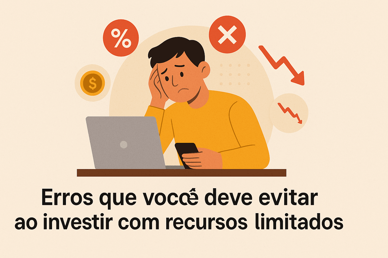 Homem preocupado olhando para o celular e laptop, cercado por ícones de queda financeira, representando erros cometidos ao investir com recursos limitados.
