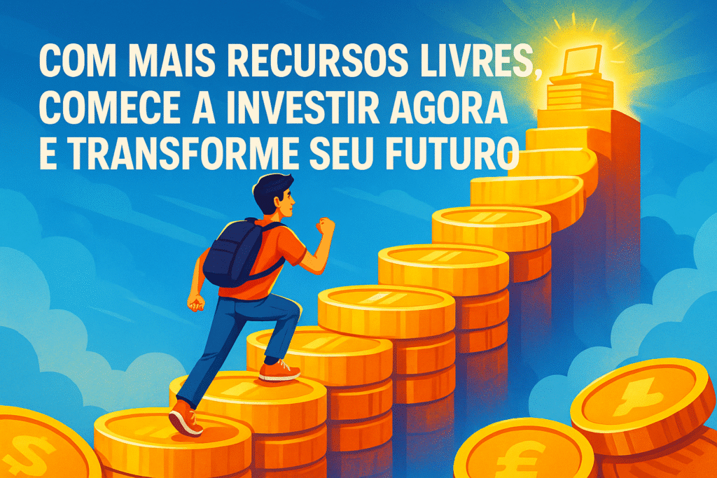 Homem subindo uma escada feita de moedas douradas em direção a um laptop brilhando, simbolizando sucesso financeiro através de investimentos consistentes.