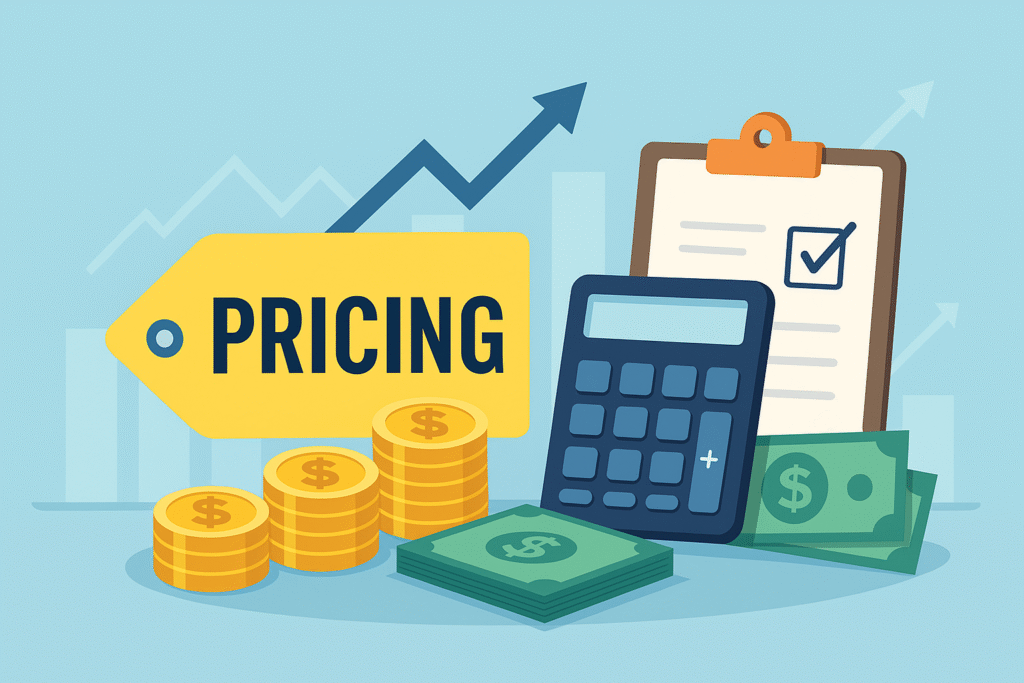 Etiqueta de preço, calculadora, moedas e gráficos ilustrando estratégias de precificação para autônomos.