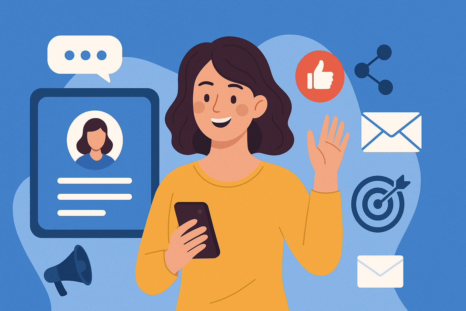 Mulher com celular acenando em frente a elementos gráficos de redes sociais e marketing.