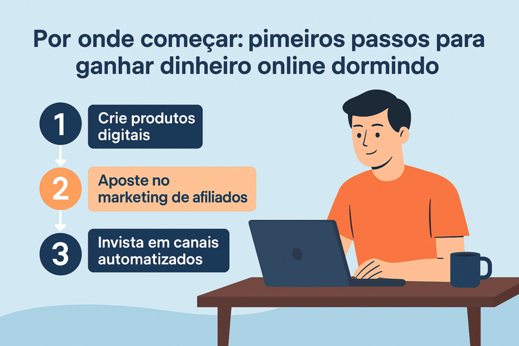 Pessoa iniciando no mundo digital, com ícones de computador, celular e dinheiro flutuando, representando os primeiros passos para ganhar dinheiro online de forma automática.