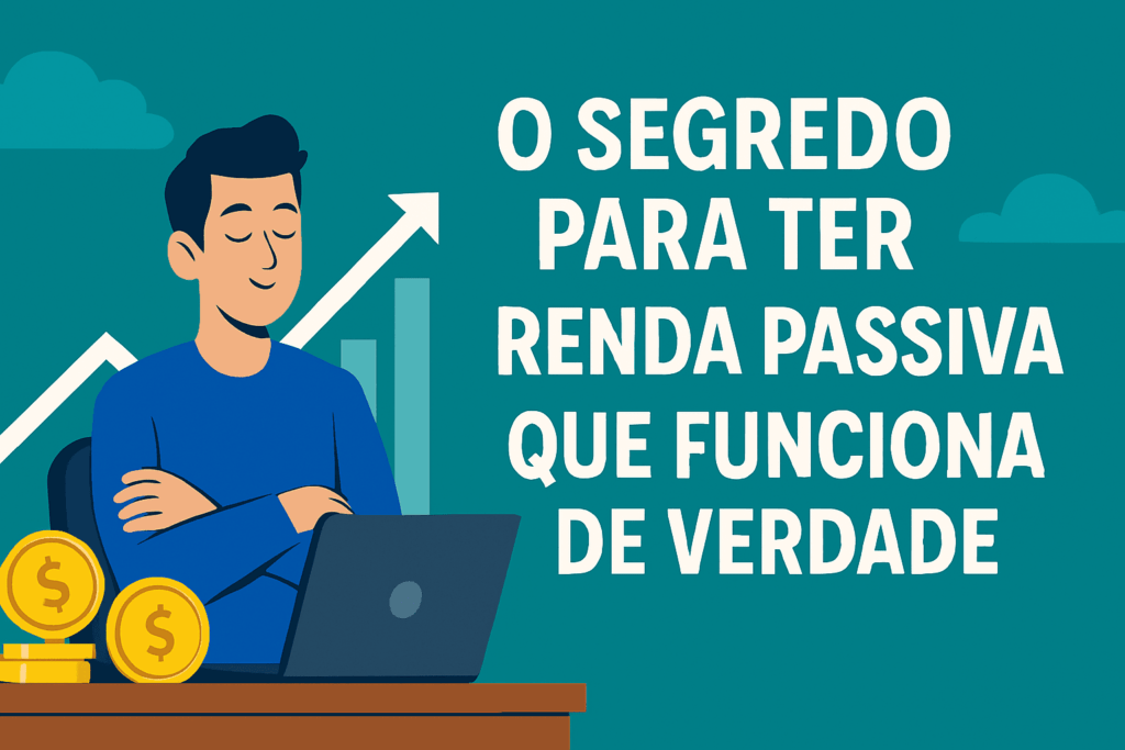 Pessoa observando um gráfico digital com crescimento estável, engrenagens e elementos de automação, representando a construção inteligente de renda passiva sustentável.