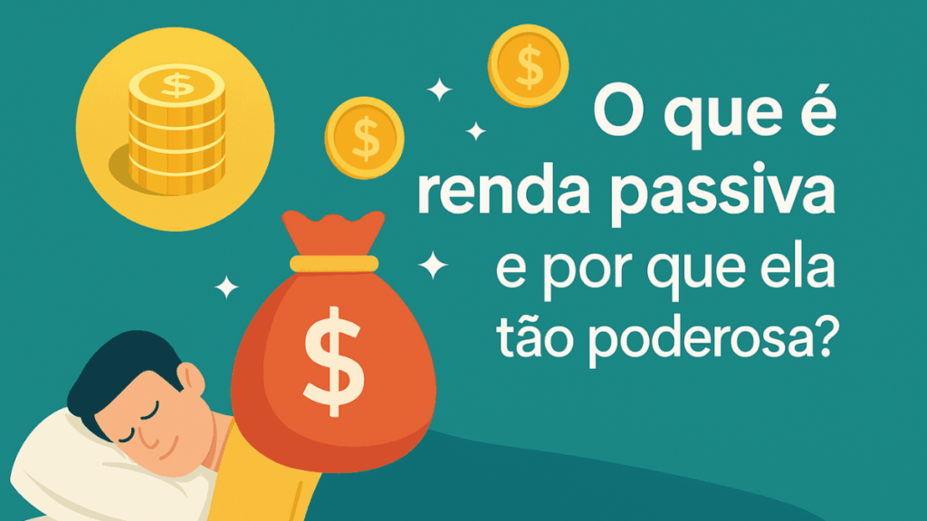 Representação visual de renda passiva: homem relaxando enquanto gráficos digitais e símbolos de dinheiro crescem ao fundo, indicando lucros automáticos.