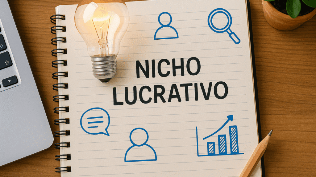 Caderno com ideias de nicho lucrativo para criar um blog que gera lucros de forma consistente.