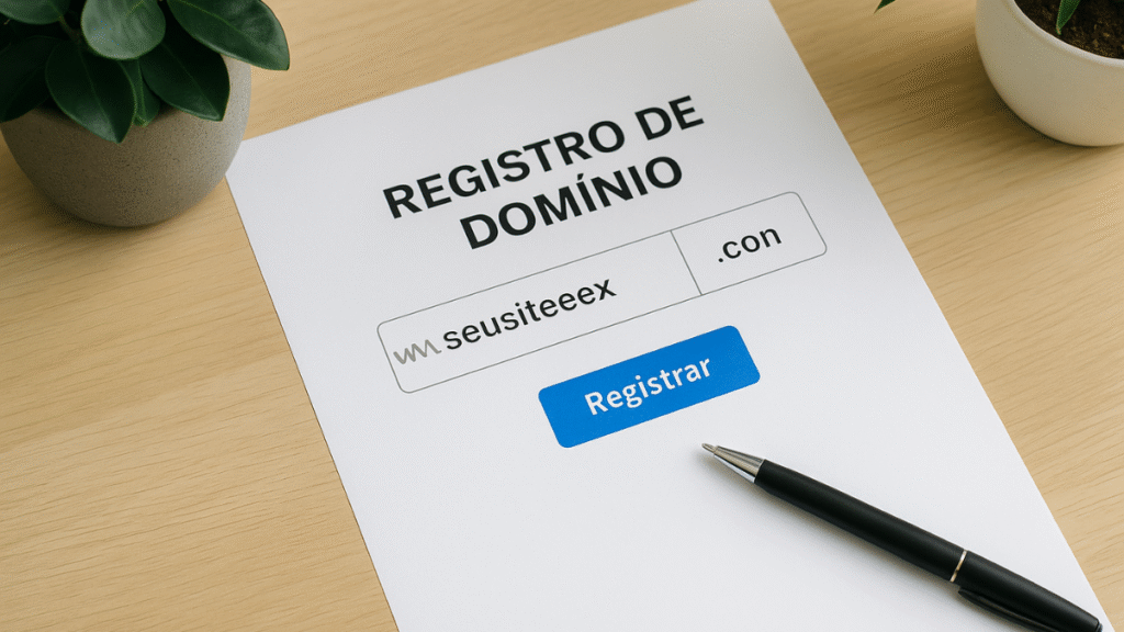 Formulário de registro de domínio sobre uma mesa de madeira, simbolizando o primeiro passo para criar um blog que gera lucros.