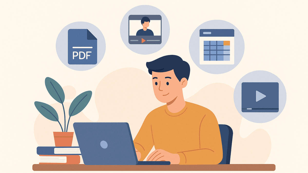 Mulher jovem em ambiente digital com notebook e ícones de vídeo, e-book e planilha ao redor, representando formatos de produtos digitais.monetizar conhecimento digital
