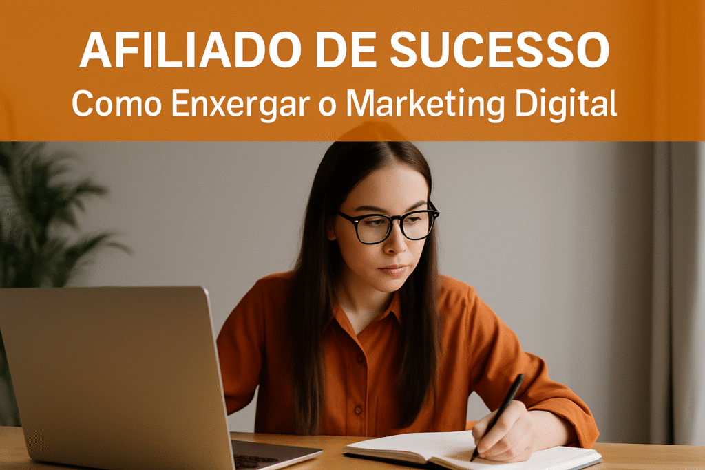 Mulher jovem estudando com notebook e caderno, simbolizando o foco necessário para se tornar um afiliado de sucesso no marketing digital.