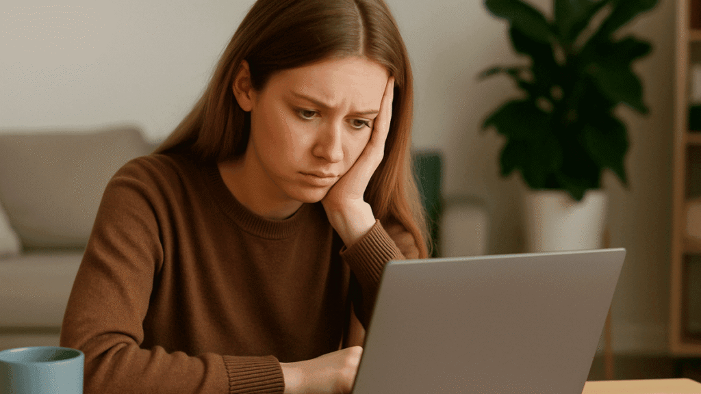 Mulher triste e pensativa em frente ao notebook, frustrada com os desafios do trabalho online