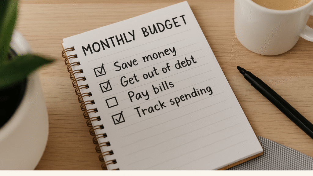 Checklist de orçamento mensal com metas financeiras simples escritas em um caderno ao lado de café e caneta.