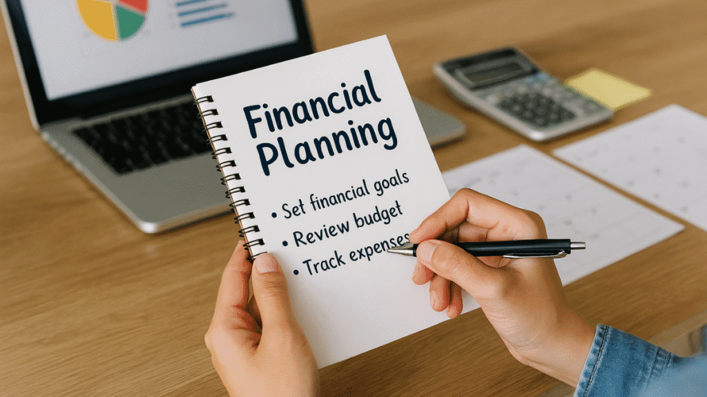 Pessoa escrevendo plano financeiro com metas e orçamento, próximo a laptop e calendário, representando rotina e consistência.