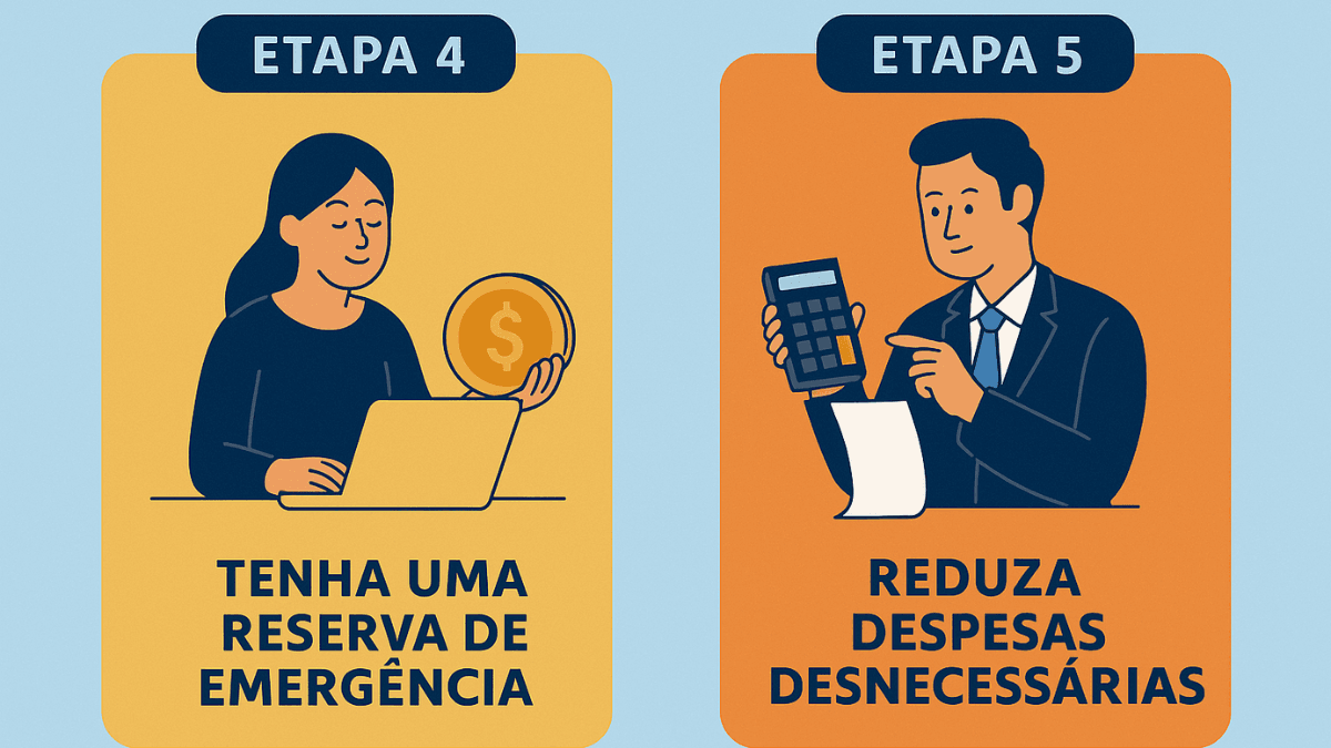 Infográfico destacando a importância de reservar uma quantia para emergências e cortar gastos desnecessários no orçamento pessoal.