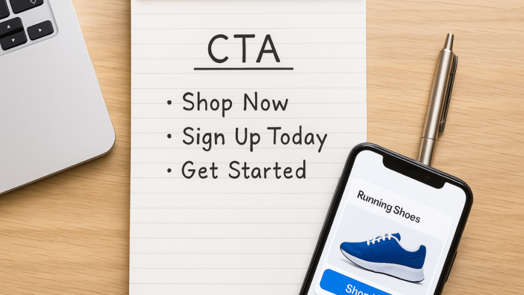 Caderno com exemplos de CTA e celular exibindo anúncio, representando aplicação prática em copy de anúncios