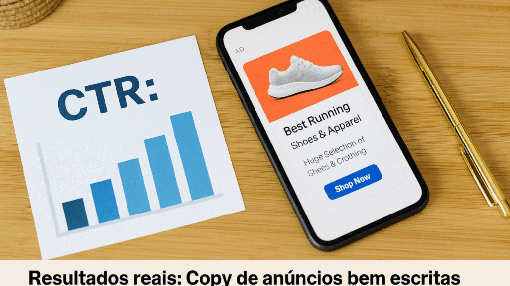 Anúncio em celular ao lado de gráfico de CTR crescente, representando resultados de uma copy de anúncios otimizada