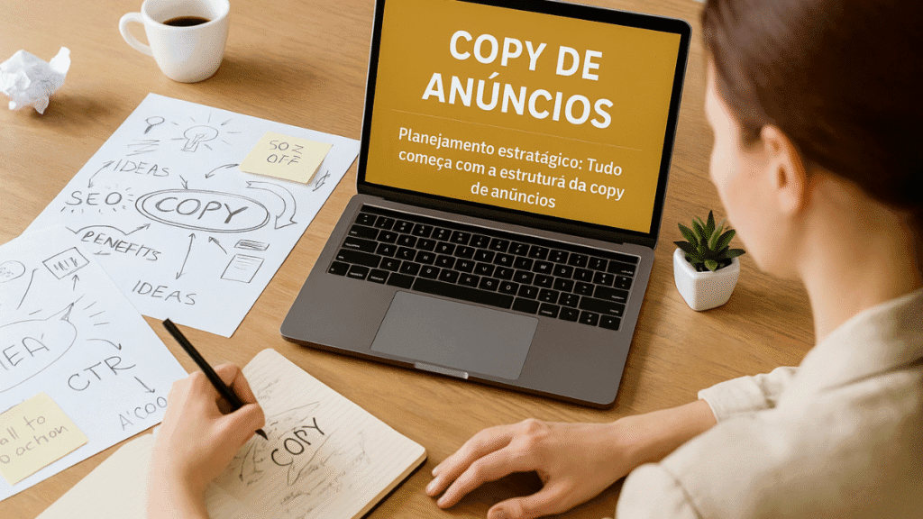 Mulher escrevendo copy em caderno com notebook exibindo técnicas de copy de anúncios