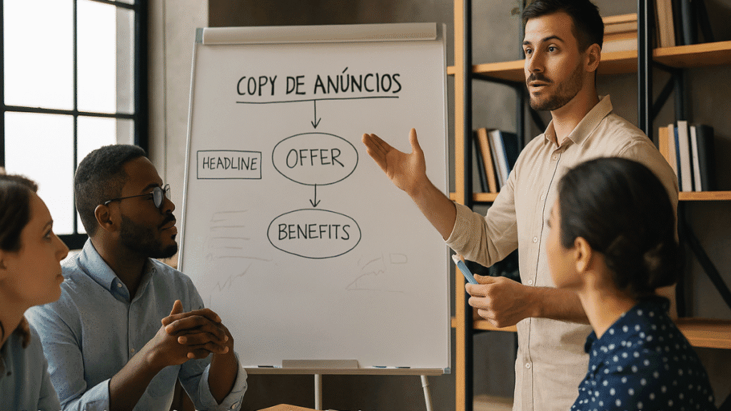 Equipe de marketing reunida em brainstorm sobre estrutura de copy de anúncios em frente a quadro branco