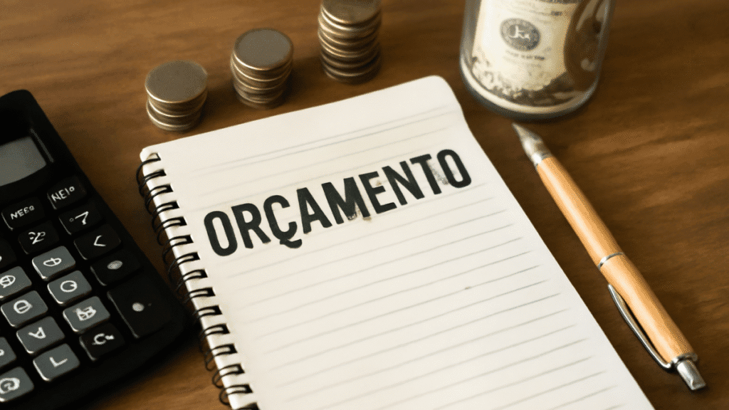 "Um conjunto de ferramentas de planejamento financeiro com uma calculadora, um caderno com 'ORÇAMENTO' escrito, uma caneta e moedas, tudo sobre uma mesa de madeira.