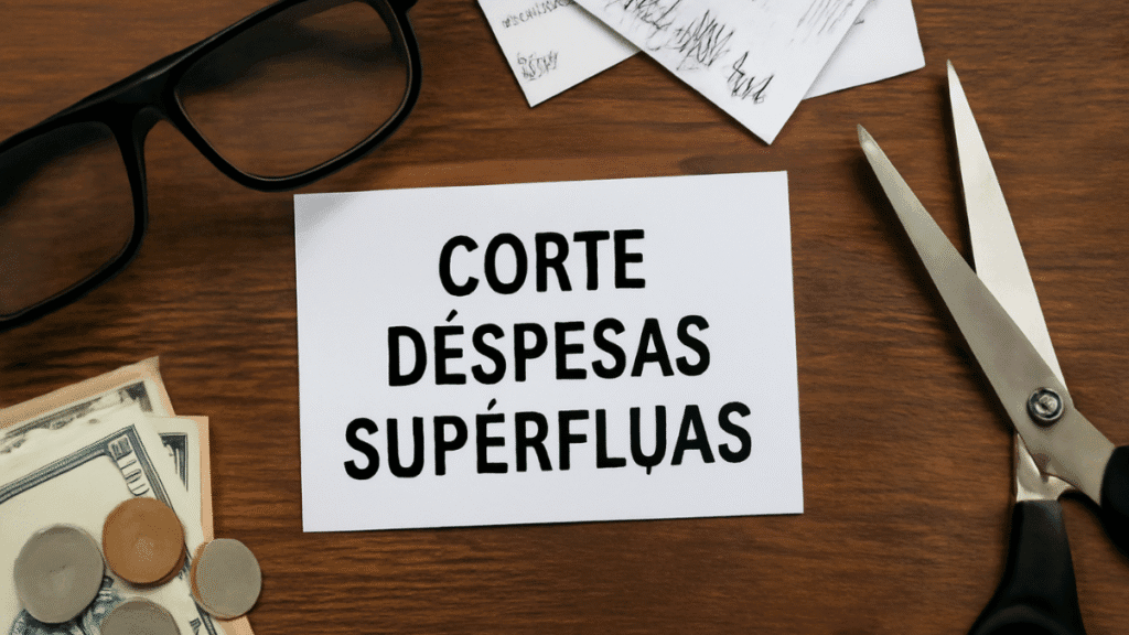 Imagem mostrando a frase 'CORTE DESPESAS SUPÉRFLUAS' em um cartão branco, com tesouras, moedas, dinheiro e óculos ao fundo.