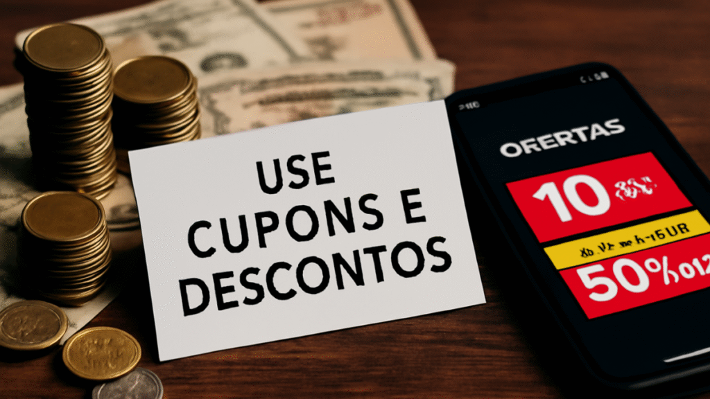 Cartão branco com a frase 'USE CUPONS E DESCONTOS' sobre uma mesa de madeira, cercado por moedas, notas e um celular exibindo ofertas.