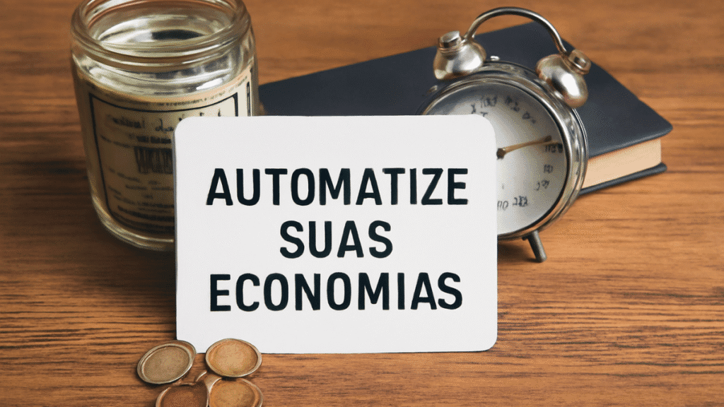 Cartão branco com a frase 'AUTOMATIZE SUAS ECONOMIAS' sobre uma mesa de madeira, com um pote de vidro cheio de cédulas, moedas e um relógio de alarme.