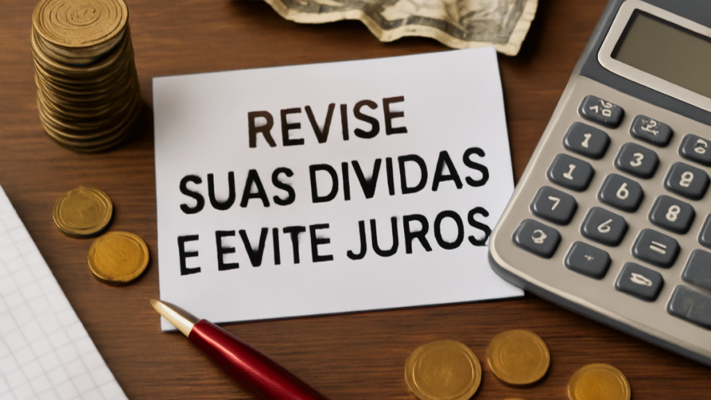 Cartão branco com a frase 'REVISE SUAS DÍVIDAS E EVITE JUROS' sobre uma mesa de madeira, com moedas, cédulas e uma calculadora ao fundo.